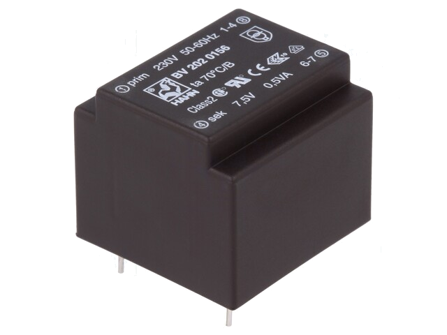 Transformator: ingegoten; 0,5VA; 230VAC; 7,5V; 67mA; PCB; BV Transformator: ingegoten; 0,5VA; 230VAC; 7,5V; 67mA; PCB; BV
